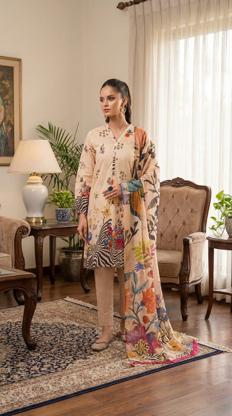 Ghania  brand  Ladies 3 Piece Lawn Suit – Unstitched – Summer Collection